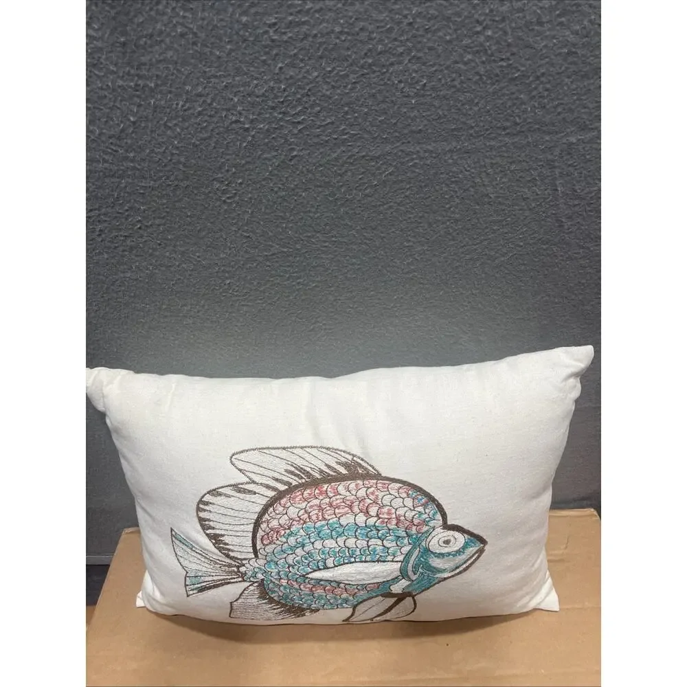 Pier 1 Nautical Beach Embroidery Fish Decorate Pillow 17x12”